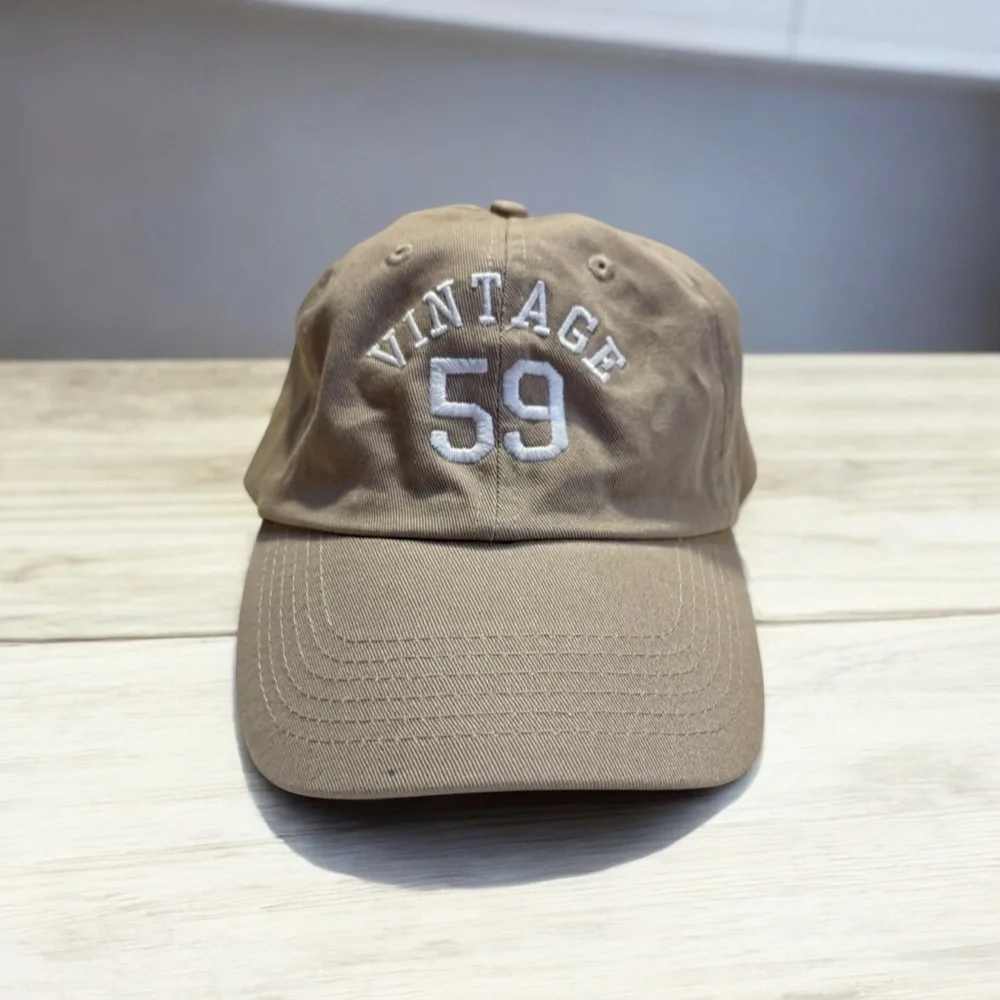 NEW Hat Beige/Tan Vintage 59 Text Baseball Cap 100% Cotton